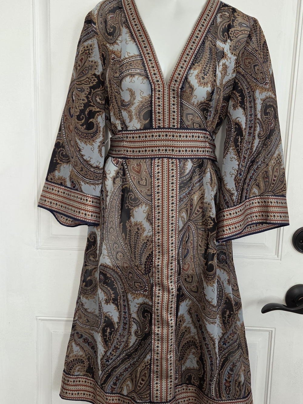 New York & Company Retro Paisley Wrap Dress in Blue and Brown